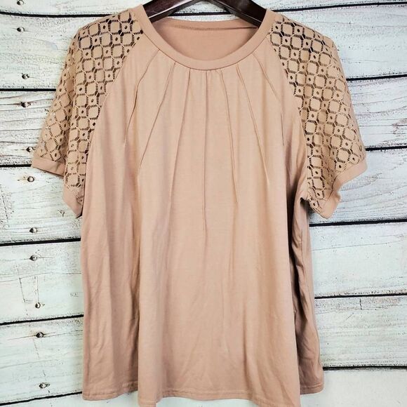 SHEIN Curve 4XL Taupe Blouse Crochet Sleeve Short Sleeve Soft Stretch Tee - Picture 1 of 6